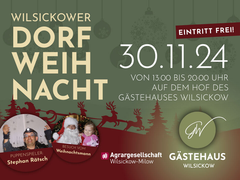 Motiv für die Wilsickower Dorfweihnachts mit Weihnachtsmarkt am 30. November 2024 auf dem Hof des Gästehauses Wilsickow.